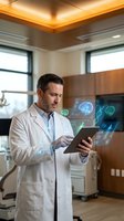 Male doctor using digital tablet with holographic brain scan display in modern medical office for neurological diagnosis and healthcare technology applications.