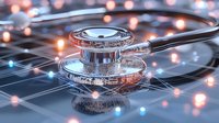 Medical stethoscope on digital surface with glowing lights and bokeh effect, representing healthcare technology and modern medicine advancement.
