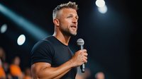 Muscular Caucasian male comedian performing on stage with microphone, wearing black t-shirt under dramatic spotlight and blue stage lighting during standup comedy show.