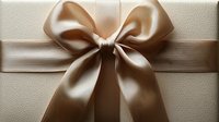 Elegant champagne satin bow on textured cream background, luxurious gift wrapping detail with soft lighting and delicate folds creates sophisticated presentation.