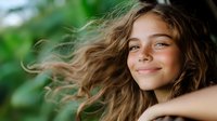 Young Caucasian woman with wavy brown hair smiling outdoors on green natural background, wind blowing through hair, genuine happiness and joy expression.
