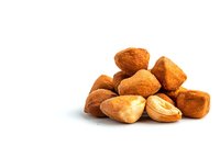 Roasted corn nuts snack isolated on white background, crunchy golden kernels in pile showing texture and detail for food photography and packaging.
