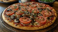 Delicious homemade pizza topped with fresh tomato slices, mushrooms and herbs on wooden board ready to serve for dinner or lunch meal.
