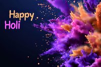 Vibrant explosion of purple and orange Holi festival powder paint with glowing text against dark background, celebrating traditional Indian spring festival.