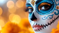 Close up portrait of woman with traditional sugar skull makeup in blue and white, illuminated by warm golden bokeh lights for Day of the Dead celebration and Halloween designs.