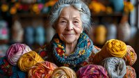 Cheerful elderly Asian woman surrounded by colorful yarn balls wearing knitted scarf, expressing joy and contentment. Authentic senior lifestyle portrait.