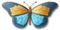 Handcrafted textile butterfly with blue and gold embroidered wings, featuring detailed stitching and textured fabric on white background.