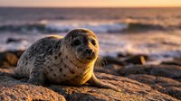 Adorable spotted seal pup resting on sandy beach during golden hour sunset with ocean waves in background creating warm peaceful coastal scene.