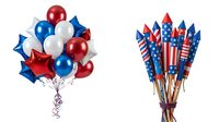 Patriotic red, white and blue balloons and fireworks rockets isolated on white background, perfect for Independence Day, Fourth of July, Memorial Day celebrations, party decorations and holiday events.