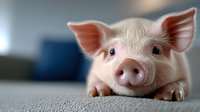 Young pink piglet with curious expression lying on gray textured surface, close-up portrait showing detailed features and bright eyes against blurred background.