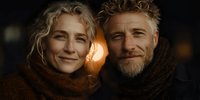 Mature Caucasian couple in cozy winter scarves smiling warmly at camera with soft bokeh lights creating romantic atmosphere for lifestyle content.