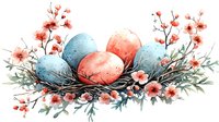 Watercolor Easter composition with blue and coral eggs in nest surrounded by delicate spring flowers and botanical elements. Soft pastel palette creates festive mood.