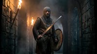 Medieval warrior knight in chainmail armor holding sword and shield in dark stone castle corridor with torches burning in atmospheric dungeon setting.
