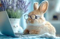 Cute fluffy rabbit in round glasses working on laptop computer with lavender flowers in background, funny animal concept for business and education themes.