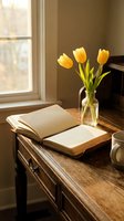 Cozy reading corner with open book, yellow tulips in glass vase on wooden desk by window with warm natural light for home decor and lifestyle content.