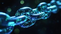 Digital blockchain technology concept with glowing blue chain links and binary code pattern on dark background with bokeh light effects.