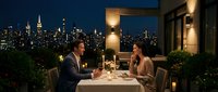 Romantic candlelit dinner for two on a luxury rooftop terrace with glowing city skyline at night, elegant couple enjoying fine dining.