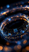 Abstract digital spiral with glowing particles and bokeh lights creating futuristic data stream effect for technology and communication designs.