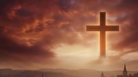 Glowing cross silhouette against dramatic sunset sky with golden clouds for Easter, Christmas, and religious worship backgrounds.