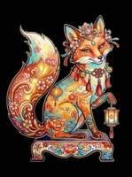 Ornate decorative fox with intricate floral patterns, vibrant colors, and Asian-inspired design elements isolated on transparent background. Ready for t-shirts, stickers, clipart, and print-on-demand products.