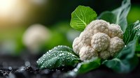 Fresh cauliflower head with water drops on green leaves against blurred garden background. Natural organic vegetables with morning dew in soft light.