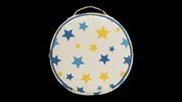 Soft round cushion with blue and gold stars on beige fabric, featuring carrying handle. Isolated on transparent background, ready for t-shirt design, clipart, stickers, print-on-demand, and sublimation projects.