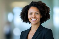 Young African American businesswoman with natural curly hair and bright smile wearing black blazer against blurred office background, professional corporate portrait.