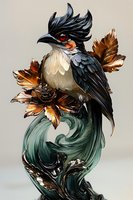 Stylized bird sculpture with crested plumage and red eyes perched on swirling teal waves with metallic copper leaves and floral elements against neutral background.