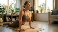 Young athletic woman practicing yoga cobra pose on mat in bright modern living room with plants creating peaceful home workout atmosphere.