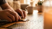 Hands of a middle-aged person arranging dried flowers and botanicals on a textured surface near a ceramic vase, warm natural lighting, craft and hobby activity.