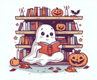 Cute ghost reading book in library with pumpkins and autumn leaves, kawaii Halloween character on bookshelf background with candles and raven decoration.