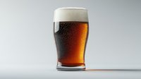 Cold glass of dark amber beer with condensation droplets and creamy foam head on neutral gray background, perfect for beverage advertising.