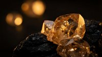 Raw citrine crystals on dark volcanic rock with warm golden bokeh lights creating luxurious mineral specimen display for jewelry and gemstone collections.