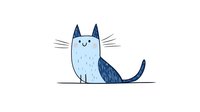 Cute blue cat character with simple line art style and minimalist design on white background, smiling face and whiskers, suitable for children's illustrations.