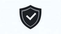 Shield icon with checkmark symbol in dark gray and black, representing security, protection, and verification status. Isolated on white background.