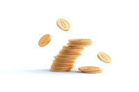 Stack of golden bitcoin coins falling and scattered on white background, cryptocurrency financial concept. Digital money investment illustration.