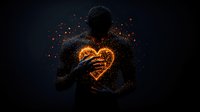 Silhouette of person with glowing orange heart shape emerging from chest against dark background, magical particles and light effects create emotional scene.