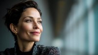 Confident mature woman with short dark hair smiling while looking through window, illuminated by soft natural light in professional setting.