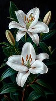 White oriental lilies with brown stamens against dark background, detailed botanical illustration showing blooming flowers and buds with green foliage.