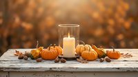 Autumn candle centerpiece with orange pumpkins and fall leaves on rustic wooden table. Cozy seasonal home decor for thanksgiving and harvest celebrations.