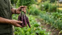 Farmer holding freshly harvested purple carrots in vegetable garden, organic produce farming and sustainable agriculture concept.
