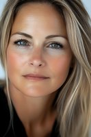 Close up portrait of a blonde woman with natural makeup and blue eyes looking directly at camera with soft lighting and gentle expression.