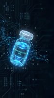 Futuristic immunization vial with glowing blue holographic effects and digital network connections on dark technological background for medical innovation.