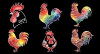 Rooster illustrations in vibrant red, yellow, and blue colors, isolated on transparent background. Ready for t-shirt design, clipart, stickers, sublimation, and print-on-demand products.