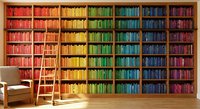 Rainbow colored bookshelf with organized books by color spectrum from red to purple, wooden ladder and chair in cozy library interior for reading and study.