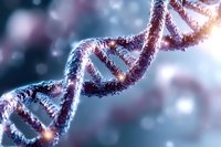 Glowing DNA strand helix structure in purple and blue tones against blurred bokeh background shows genetic research and biotechnology advancement.