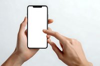 Hands holding modern smartphone with blank white screen for mockup presentation on neutral background for app development and digital marketing.