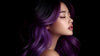 Young Asian woman with vibrant purple ombre hair in profile view against black background, eyes closed, showing professional hair coloring and styling technique.