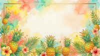 Tropical watercolor frame with pineapples, hibiscus flowers, and palm leaves in warm sunset tones, isolated on white background for design projects.