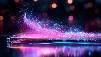 Magical glowing particles trail in pink and blue neon colors against dark background with bokeh effect, creating ethereal light reflection on reflective surface.